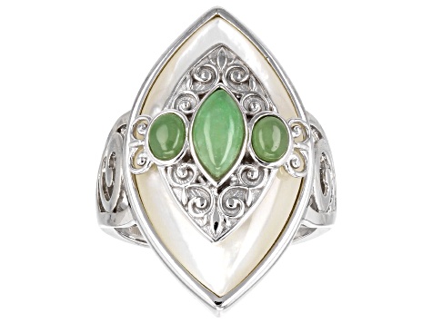 Green Jadeite With White Mother-Of-Pearl Rhodium Over Sterling Silver Ring