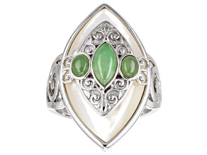 Green Jadeite With White Mother-Of-Pearl Rhodium Over Sterling Silver Ring