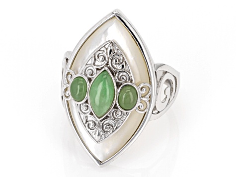 Green Jadeite With White Mother-Of-Pearl Rhodium Over Sterling Silver Ring