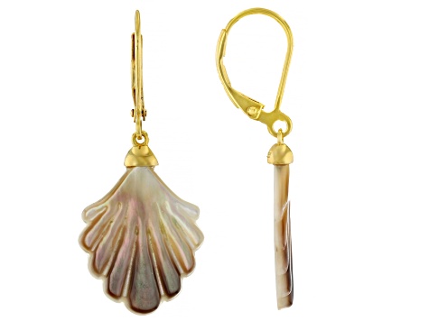 Seashell Carved Black Mother-of-Pearl 18k Yellow Gold Over Sterling Silver Dangle Earrings