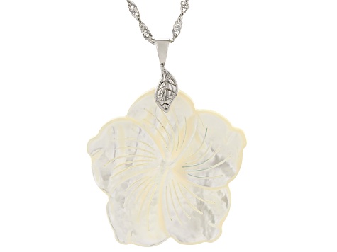 Flower Carved White Mother-of-Pearl Rhodium Over Sterling Silver Pendant With Chain