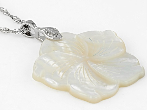 Flower Carved White Mother-of-Pearl Rhodium Over Sterling Silver Pendant With Chain