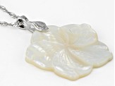 Flower Carved White Mother-of-Pearl Rhodium Over Sterling Silver Pendant With Chain