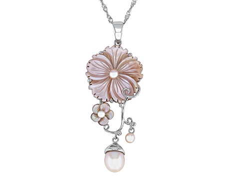 Carved Pink Mother-Of-Pearl With Pink Cultured Freshwater Pearl Rhodium Over Silver Pendant/Chain