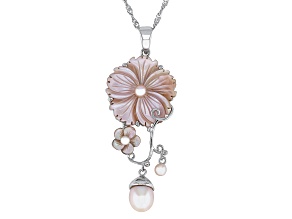 Carved Pink Mother-Of-Pearl With Pink Cultured Freshwater Pearl Rhodium Over Silver Pendant/Chain