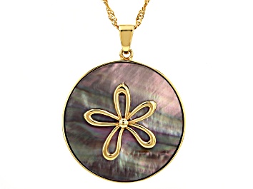 Picture of Black Mother-Of-Pearl 18k Yellow Gold Over Sterling Silver Flower Pendant With Chain