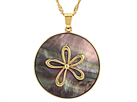 Black Mother-Of-Pearl 18k Yellow Gold Over Sterling Silver Flower Pendant With Chain