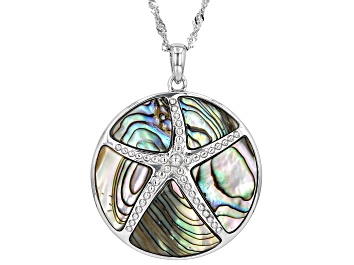 Picture of Abalone Shell Rhodium Over Sterling Silver Starfish Pendant With Chain