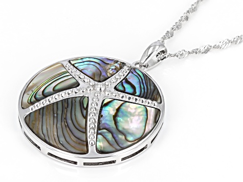 Abalone Shell Rhodium Over Sterling Silver Starfish Pendant With Chain