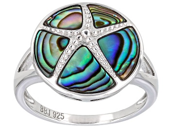 Picture of Abalone Shell Rhodium Over Sterling Silver Starfish Ring