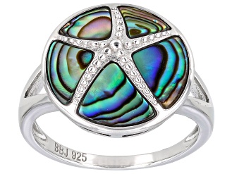 Abalone Shell Rhodium Over Sterling Silver Starfish Ring