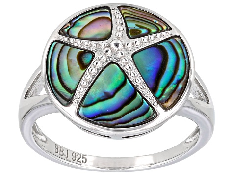 Abalone Shell Rhodium Over Sterling Silver Starfish Ring