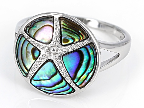 Abalone Shell Rhodium Over Sterling Silver Starfish Ring