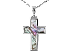 Abalone Shell Rhodium Over Sterling Silver Cross Pendant With Chain