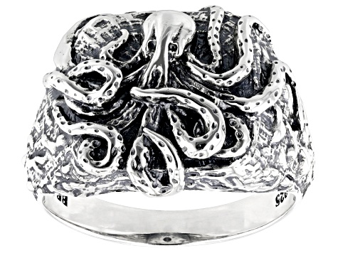 Oxidized Sterling Silver Octopus Men's Ring
