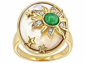 White Mother-Of-Pearl, Green Jadeite & White Zircon 18k Gold Over Silver Sun & Stars Ring 0.10ctw