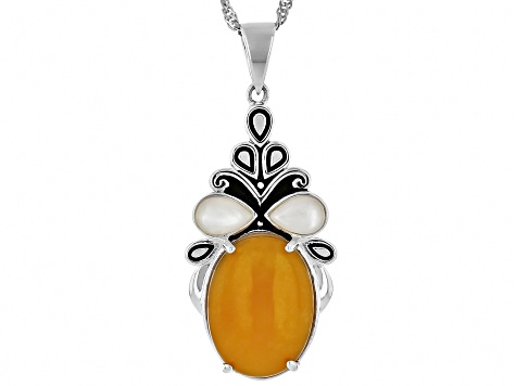 Orange Jadeite With White Mother-Of-Pearl Sterling Silver Pendant With Chain