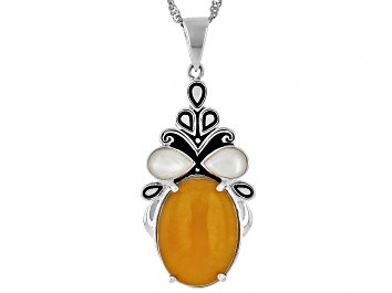 Picture of Orange Jadeite With White Mother-Of-Pearl Sterling Silver Pendant With Chain