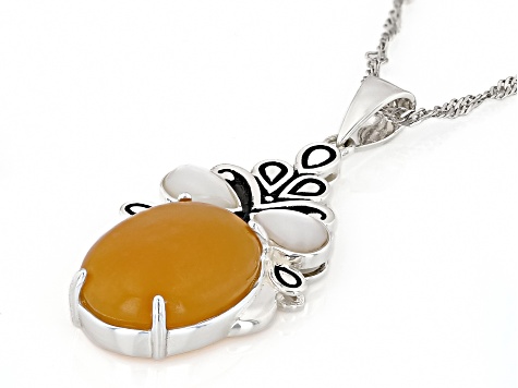 Orange Jadeite With White Mother-Of-Pearl Sterling Silver Pendant With Chain