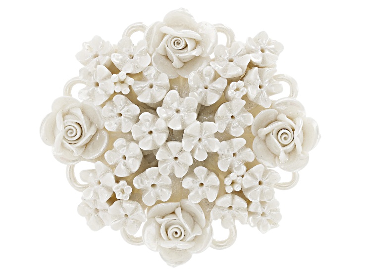 Hand Crafted Porcelain Rose Bouquet Silver Tone Brooch