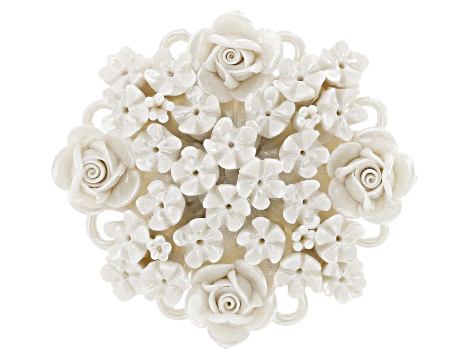Hand Crafted Porcelain Rose Bouquet Silver Tone Brooch