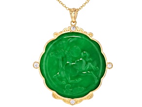 Jadeite With White Zircon 18k Yellow Gold Over Brass Pendant With Chain, 50mm