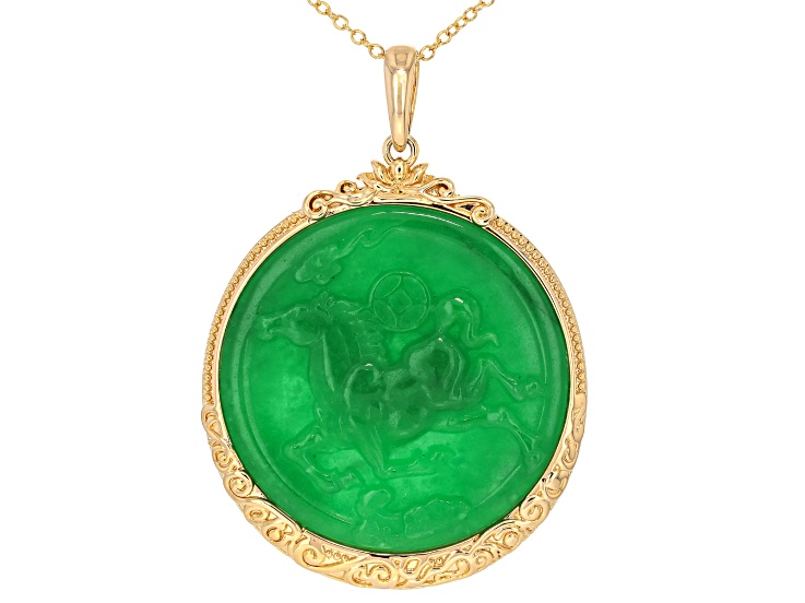Jadeite 18k Yellow Gold Over Brass Pendant With Chain,50x6mm