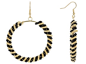 Black Bead Gold Tone Circle Dangle Earrings