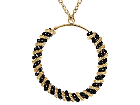 Black Bead Gold Tone Circle Pendant With Chain