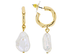 White Pearl Simulant Gold Tone Hoop Earrings