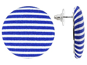Blue And White Nautical Stripe Fabric Silver Tone Stud Earrings
