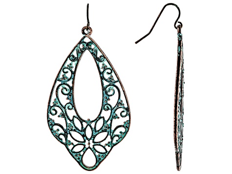 Patina Floral And Filigree Cut Out Dangle Earrings