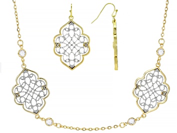 Picture of White Crystal Two-Tone Necklace And Earrings Set