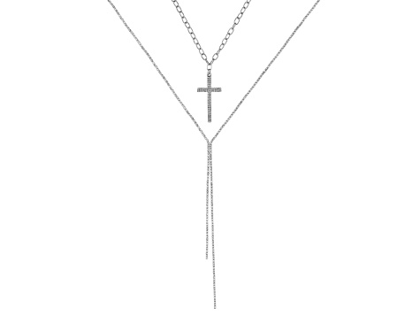 White Crystal Silver Tone Cross Multi-Row Necklace