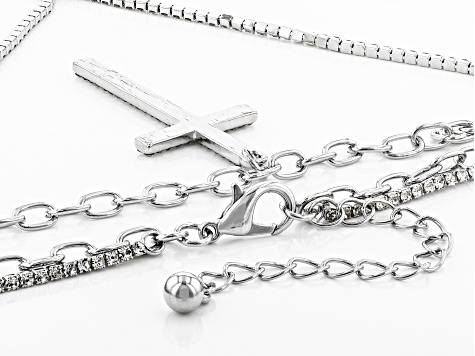 White Crystal Silver Tone Cross Multi-Row Necklace