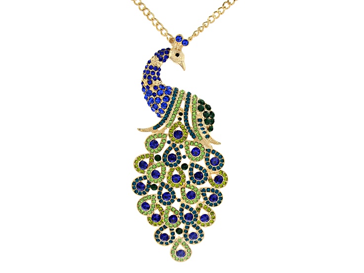 Multi-color Crystal Gold Tone Peacock Necklace - PDJ078