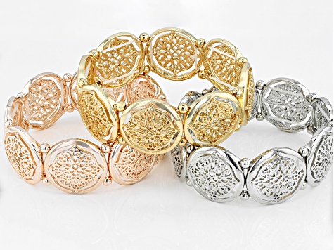 Rose Tone, Gold Tone, And Silver Tone Stretch Bracelet Set Of Three