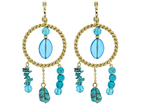 Turquoise Simulant And Blue Bead Gold Tone Statement Earrings