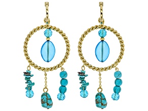 Turquoise Simulant And Blue Bead Gold Tone Statement Earrings