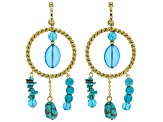 Turquoise Simulant And Blue Bead Gold Tone Statement Earrings