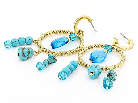 Turquoise Simulant And Blue Bead Gold Tone Statement Earrings