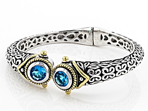 Blue Crystal Two Tone Hinged Bangle Bracelet