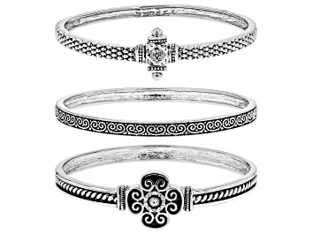 Picture of White Crystal Oxidized Silver Tone Quatrefoil Bracelet Set Of Three
