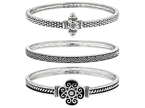 White Crystal Oxidized Silver Tone Quatrefoil Bracelet Set Of Three