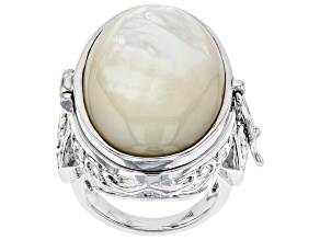 White Mother Of Pearl Rhodium Over Brass Prayer Box Ring