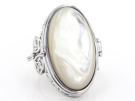 White Mother Of Pearl Rhodium Over Brass Prayer Box Ring