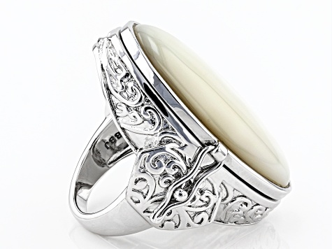 White Mother Of Pearl Rhodium Over Brass Prayer Box Ring