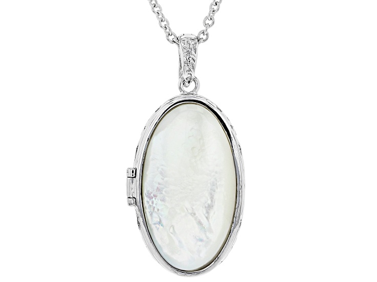 Mother-Of-Pearl Rhodium Over Brass Locket Enhancer With 18" Chain