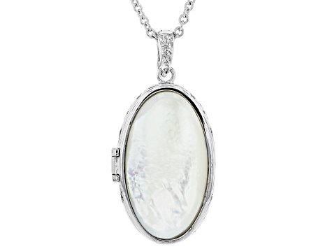 Mother-Of-Pearl Rhodium Over Brass Locket Enhancer With 18" Chain