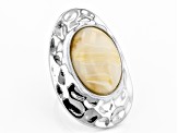 Cream Color Acrylic Stone Silver Tone Hammered Solitaire Ring